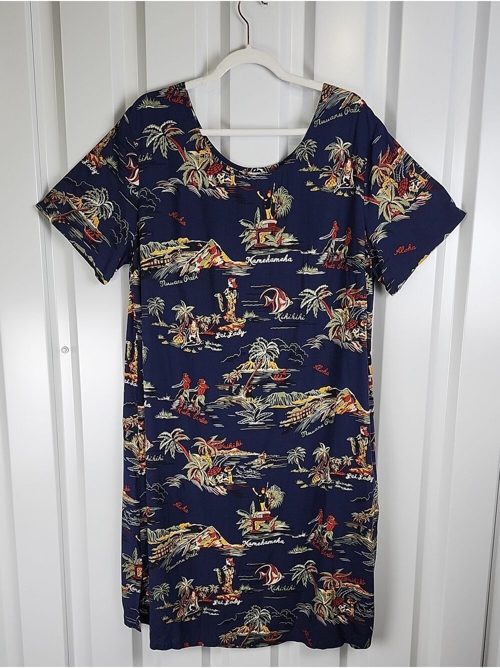 Hilo Hattie Hawaiian Shift Dress Size 1X Navy Tropical Print Short Sleeve Beachy